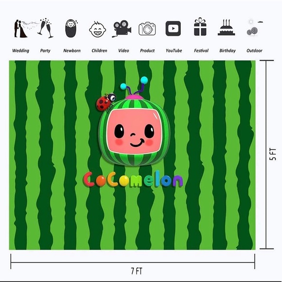 Cocomelon Backdrop Happy Birthday 7x5 Vinyl Summer Watermelon Background - Picture 2 of 6